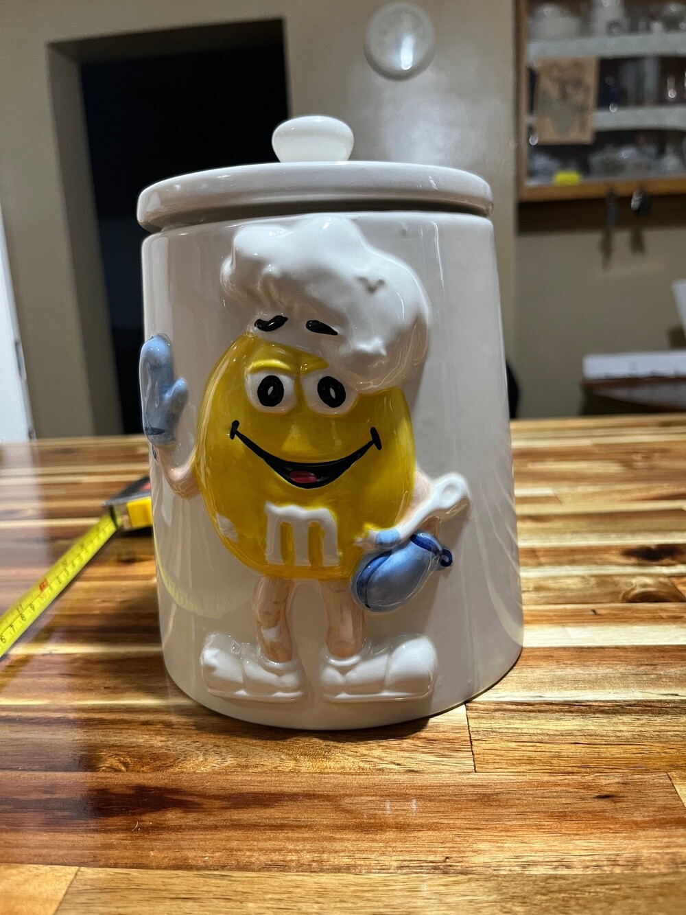 M&M Yellow Ceramic Cookie Jar with Chef Hat Lid